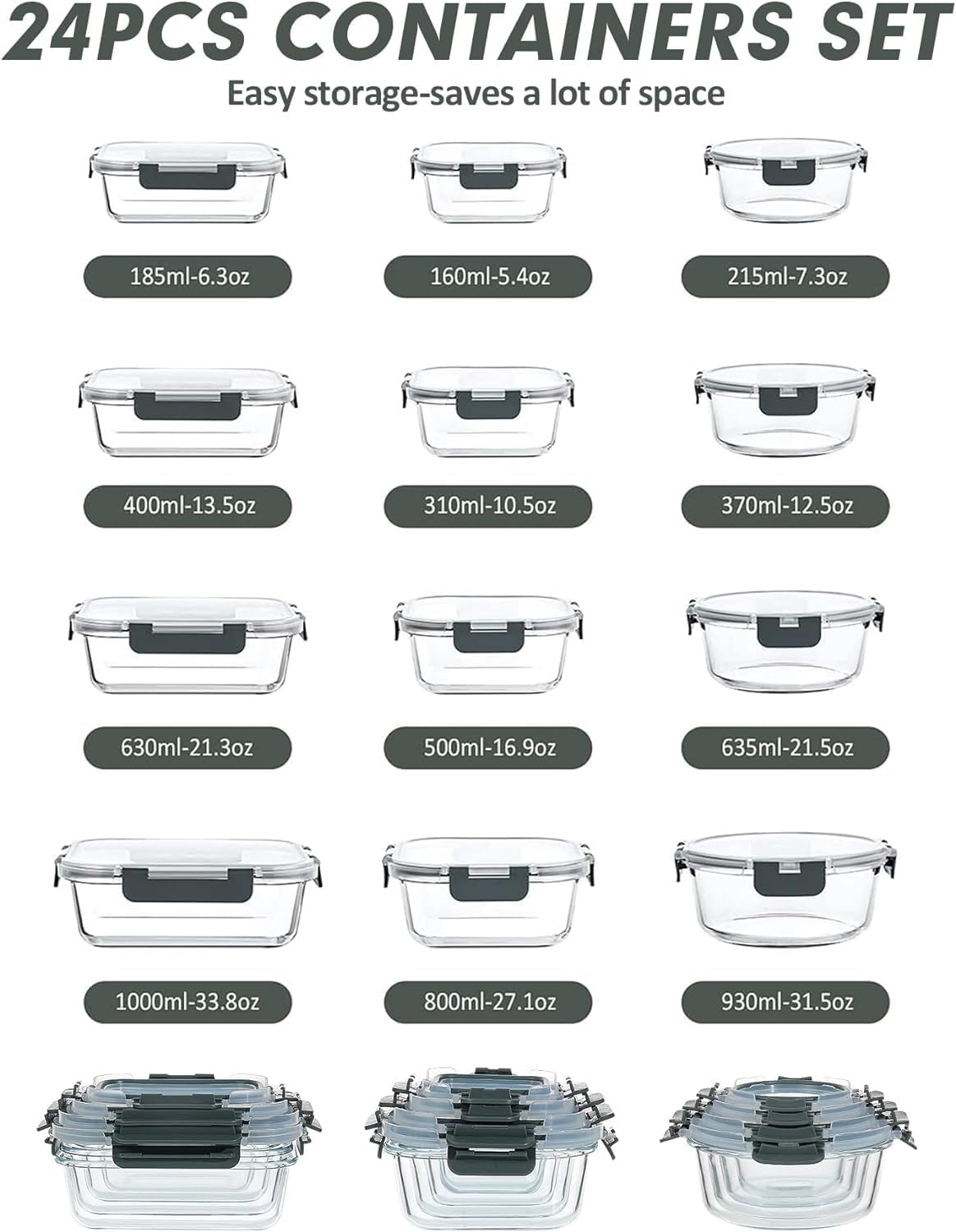 Glass Food Storage Containers Set with Lids, Grey