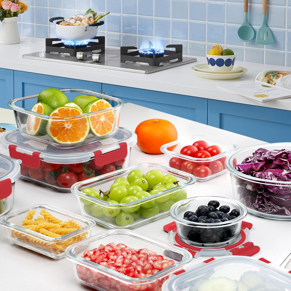 Glass Food Storage Containers Set with Lids, Grey