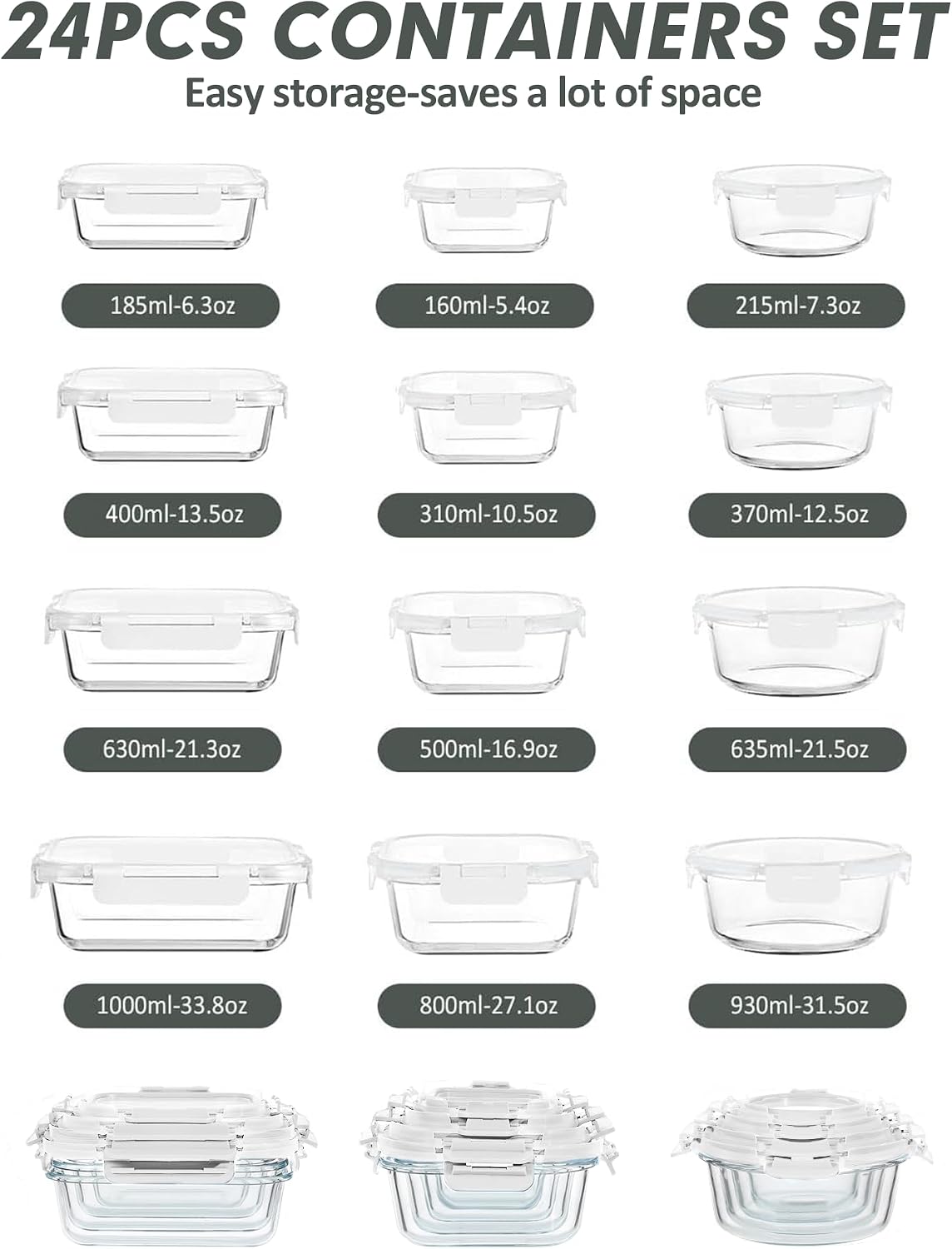 Glass Food Storage Containers Set with Lids, Grey