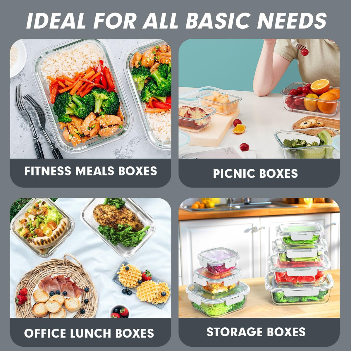 Glass Food Storage Containers Set with Lids, Grey