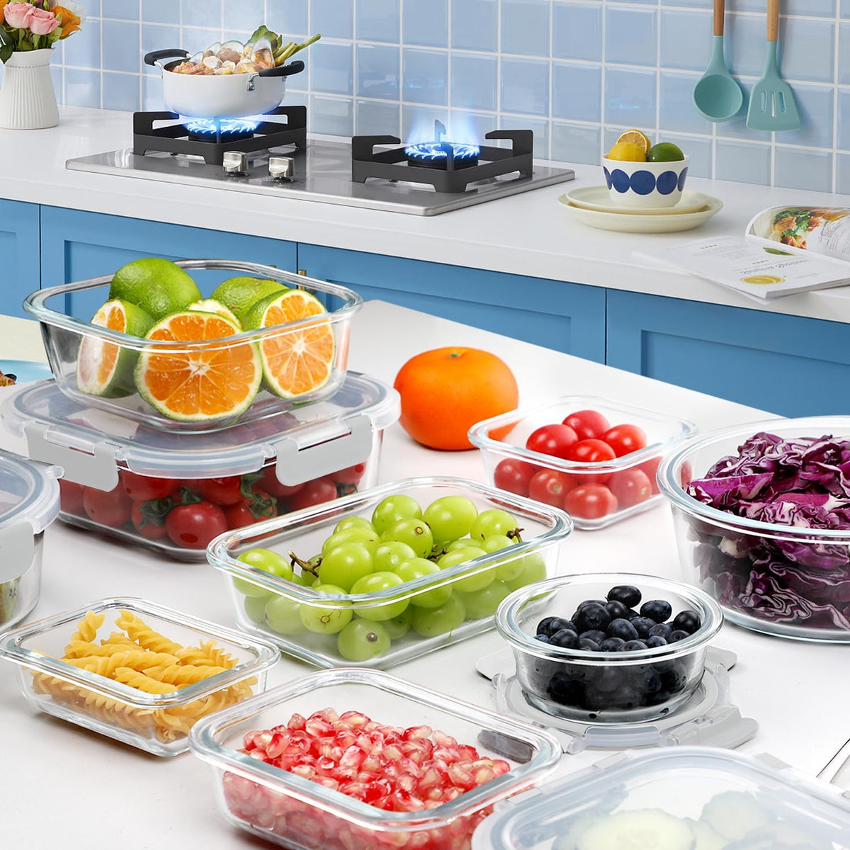 Glass Food Storage Containers Set with Lids, Grey
