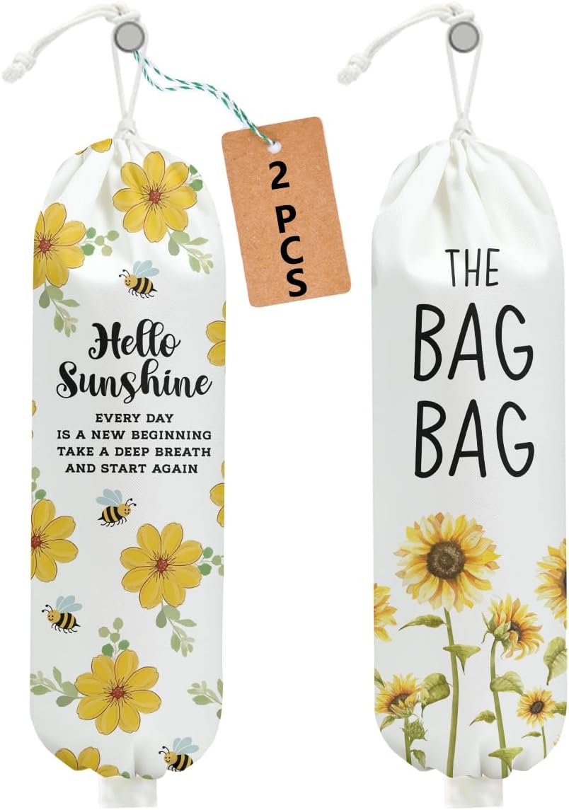 Sunflower Plastic Bag Holder for Kitchen Essentials, Wall Mount Grocery Bag Holder for Plastic Bags, Summer Sunflower Reusable Grocery Bags Storage Dispenser for Home Kitchen Pantry Farmhouse