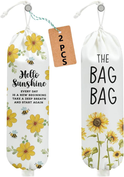 Sunflower Plastic Bag Holder for Kitchen Essentials, Wall Mount Grocery Bag Holder for Plastic Bags, Summer Sunflower Reusable Grocery Bags Storage Dispenser for Home Kitchen Pantry Farmhouse