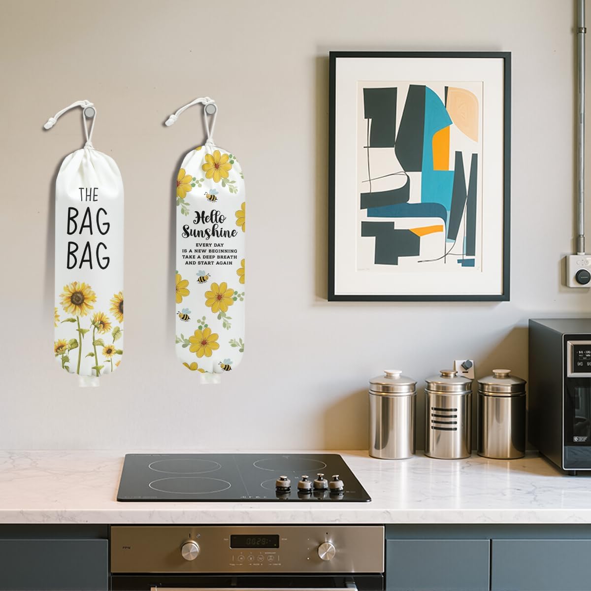 Sunflower Plastic Bag Holder for Kitchen Essentials, Wall Mount Grocery Bag Holder for Plastic Bags, Summer Sunflower Reusable Grocery Bags Storage Dispenser for Home Kitchen Pantry Farmhouse