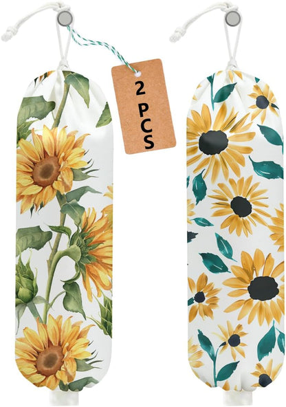 Sunflower Plastic Bag Holder for Kitchen Essentials, Wall Mount Grocery Bag Holder for Plastic Bags, Summer Sunflower Reusable Grocery Bags Storage Dispenser for Home Kitchen Pantry Farmhouse