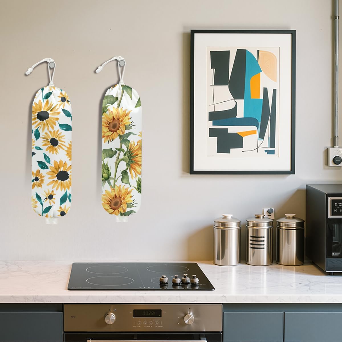 Sunflower Plastic Bag Holder for Kitchen Essentials, Wall Mount Grocery Bag Holder for Plastic Bags, Summer Sunflower Reusable Grocery Bags Storage Dispenser for Home Kitchen Pantry Farmhouse