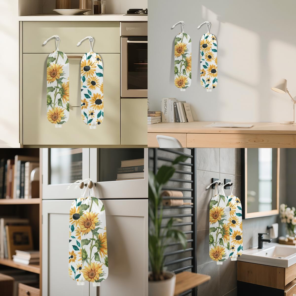 Sunflower Plastic Bag Holder for Kitchen Essentials, Wall Mount Grocery Bag Holder for Plastic Bags, Summer Sunflower Reusable Grocery Bags Storage Dispenser for Home Kitchen Pantry Farmhouse