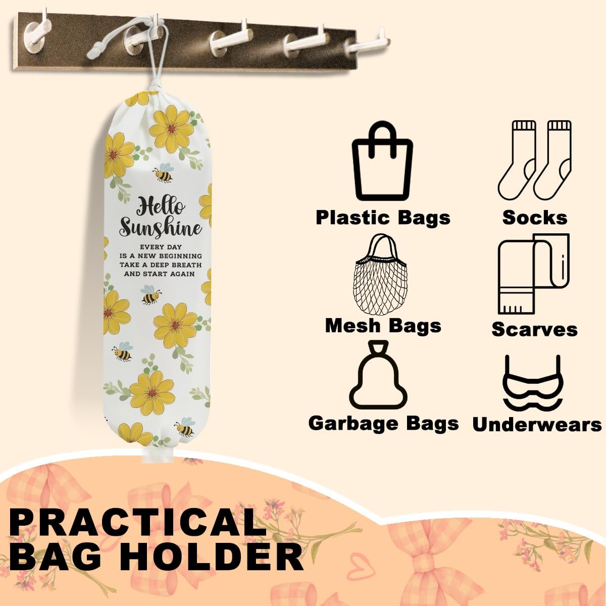 Sunflower Plastic Bag Holder for Kitchen Essentials, Wall Mount Grocery Bag Holder for Plastic Bags, Summer Sunflower Reusable Grocery Bags Storage Dispenser for Home Kitchen Pantry Farmhouse