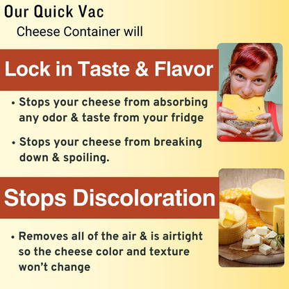 The Quick Vac: Only Airtight Vacuum Sealed Cheese Saver Container - Perfect For Keeping Cheddar, Parmesan, Shredded, Sliced, Grated, Blue, Swiss, Cottage & Cream Cheese in the Fridge