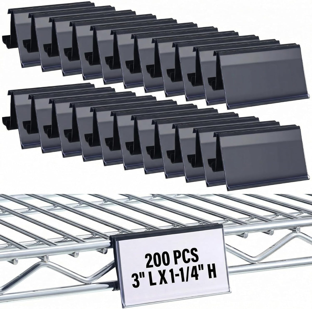 50 Pcs Wire Shelf Label Holders Compatible with Metro 1-1/4in Shelves, Plastic Wire Rack Label Holder 3" l x 1.25" H Price Tag Shelf Clips On, Black