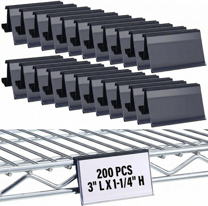 50 Pcs Wire Shelf Label Holders Compatible with Metro 1-1/4in Shelves, Plastic Wire Rack Label Holder 3" l x 1.25" H Price Tag Shelf Clips On, Black