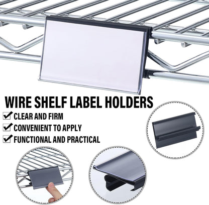 50 Pcs Wire Shelf Label Holders Compatible with Metro 1-1/4in Shelves, Plastic Wire Rack Label Holder 3" l x 1.25" H Price Tag Shelf Clips On, Black