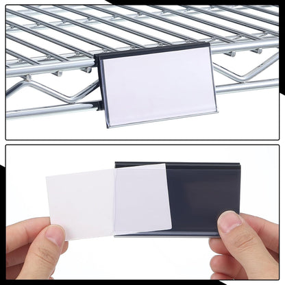 50 Pcs Wire Shelf Label Holders Compatible with Metro 1-1/4in Shelves, Plastic Wire Rack Label Holder 3" l x 1.25" H Price Tag Shelf Clips On, Black