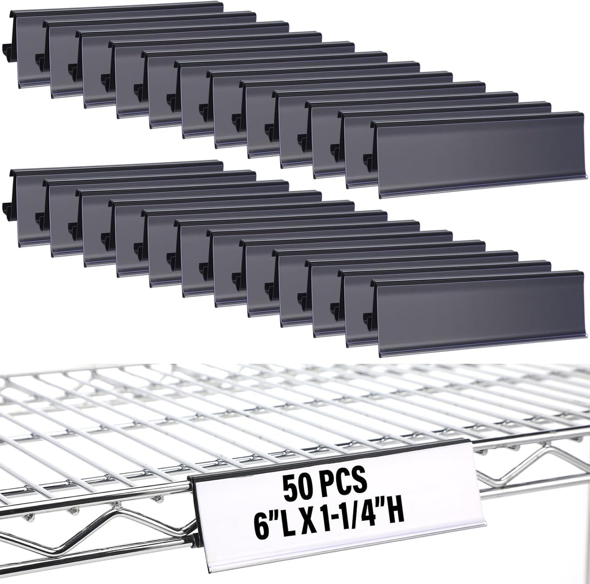 50 Pcs Wire Shelf Label Holders Compatible with Metro 1-1/4in Shelves, Plastic Wire Rack Label Holder 3" l x 1.25" H Price Tag Shelf Clips On, Black