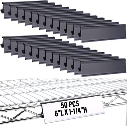 50 Pcs Wire Shelf Label Holders Compatible with Metro 1-1/4in Shelves, Plastic Wire Rack Label Holder 3" l x 1.25" H Price Tag Shelf Clips On, Black