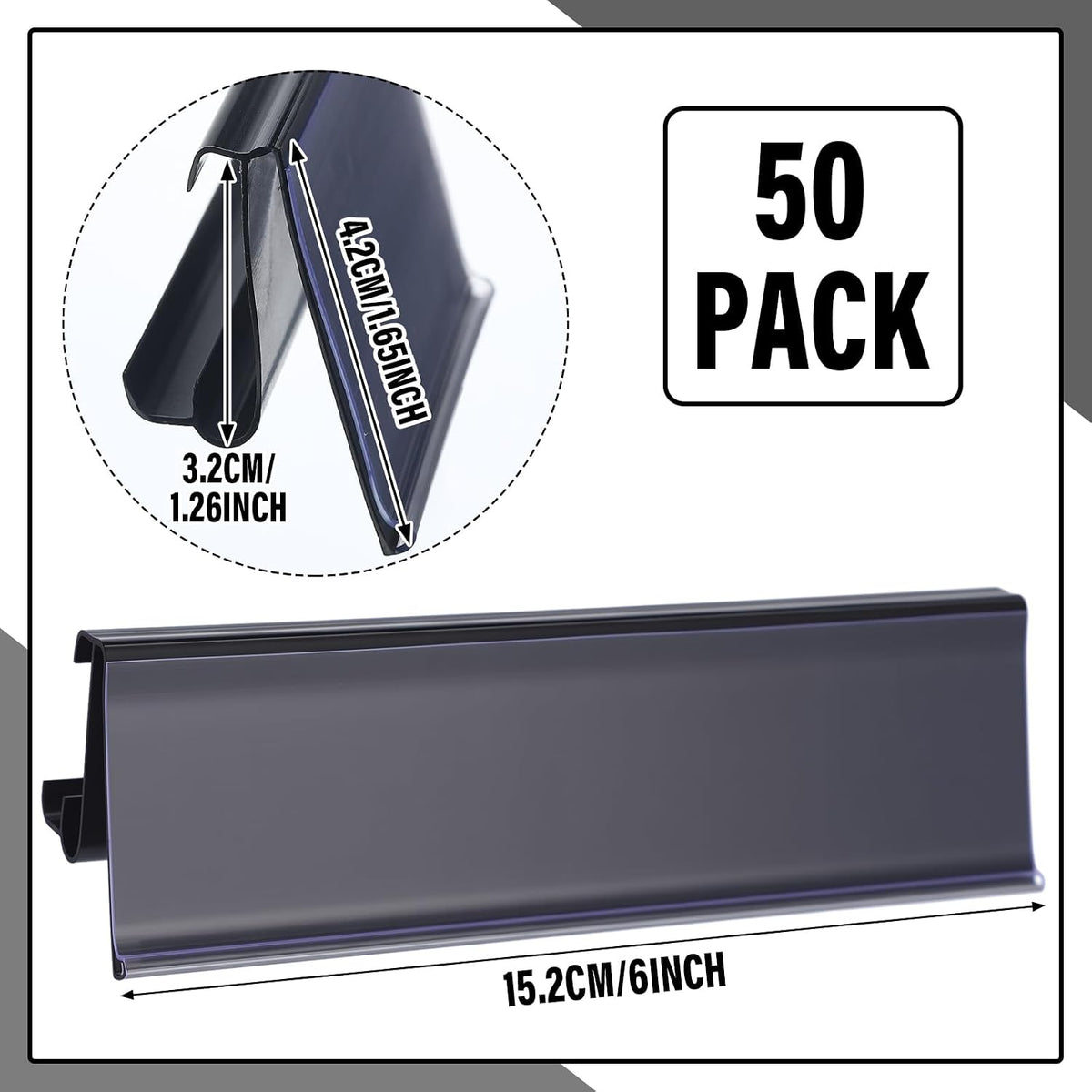 50 Pcs Wire Shelf Label Holders Compatible with Metro 1-1/4in Shelves, Plastic Wire Rack Label Holder 3" l x 1.25" H Price Tag Shelf Clips On, Black