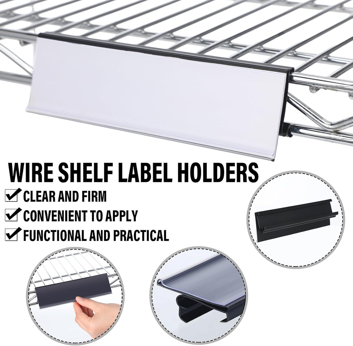 50 Pcs Wire Shelf Label Holders Compatible with Metro 1-1/4in Shelves, Plastic Wire Rack Label Holder 3" l x 1.25" H Price Tag Shelf Clips On, Black