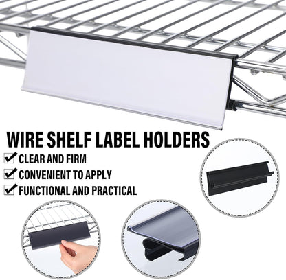 50 Pcs Wire Shelf Label Holders Compatible with Metro 1-1/4in Shelves, Plastic Wire Rack Label Holder 3" l x 1.25" H Price Tag Shelf Clips On, Black