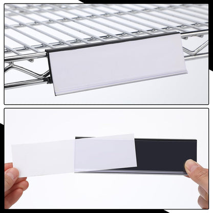 50 Pcs Wire Shelf Label Holders Compatible with Metro 1-1/4in Shelves, Plastic Wire Rack Label Holder 3" l x 1.25" H Price Tag Shelf Clips On, Black