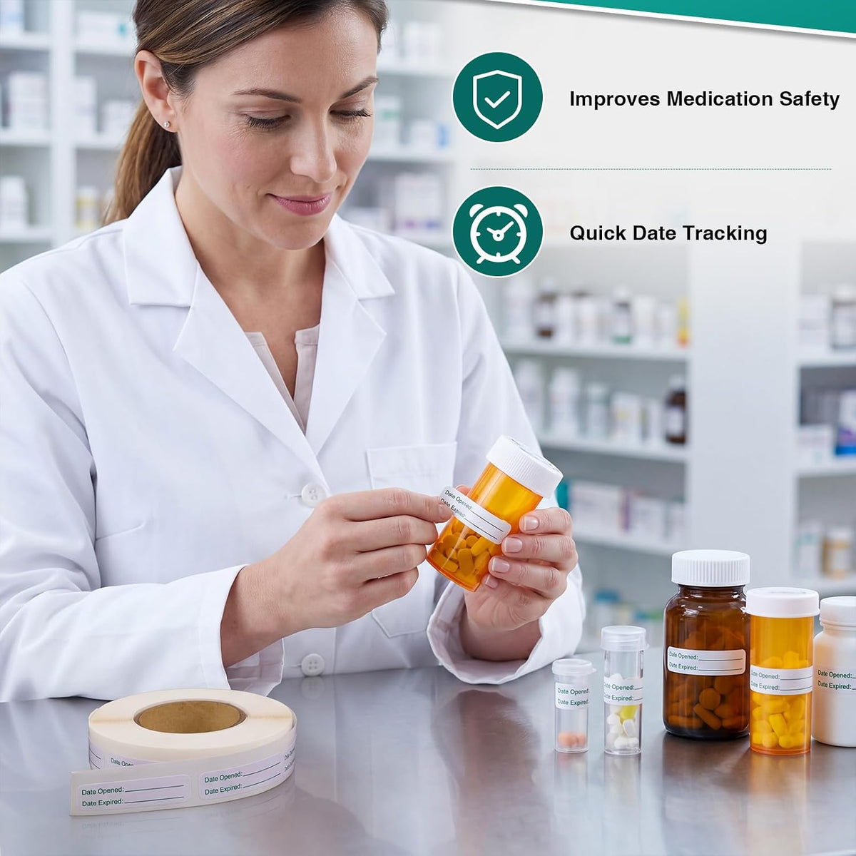 4 Rolls Medication Date Stickers, 2000 Count Opened & Expiration Date Stickers for Prescription Bottles, Pharmacy, Self Adhesive Safety Reminder Sticker for Medication Management, Hospital