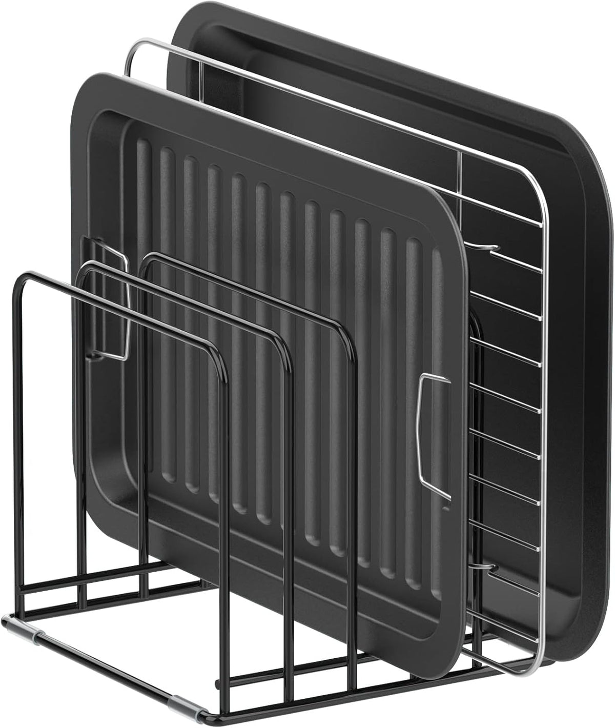 Kitchen Cabinet Organizer, Steel Cookware Holder, Divided Holder with 5 Slots for Skillets Baking Tray and Chopping Board Rack - Baking Pan Holder Storage
