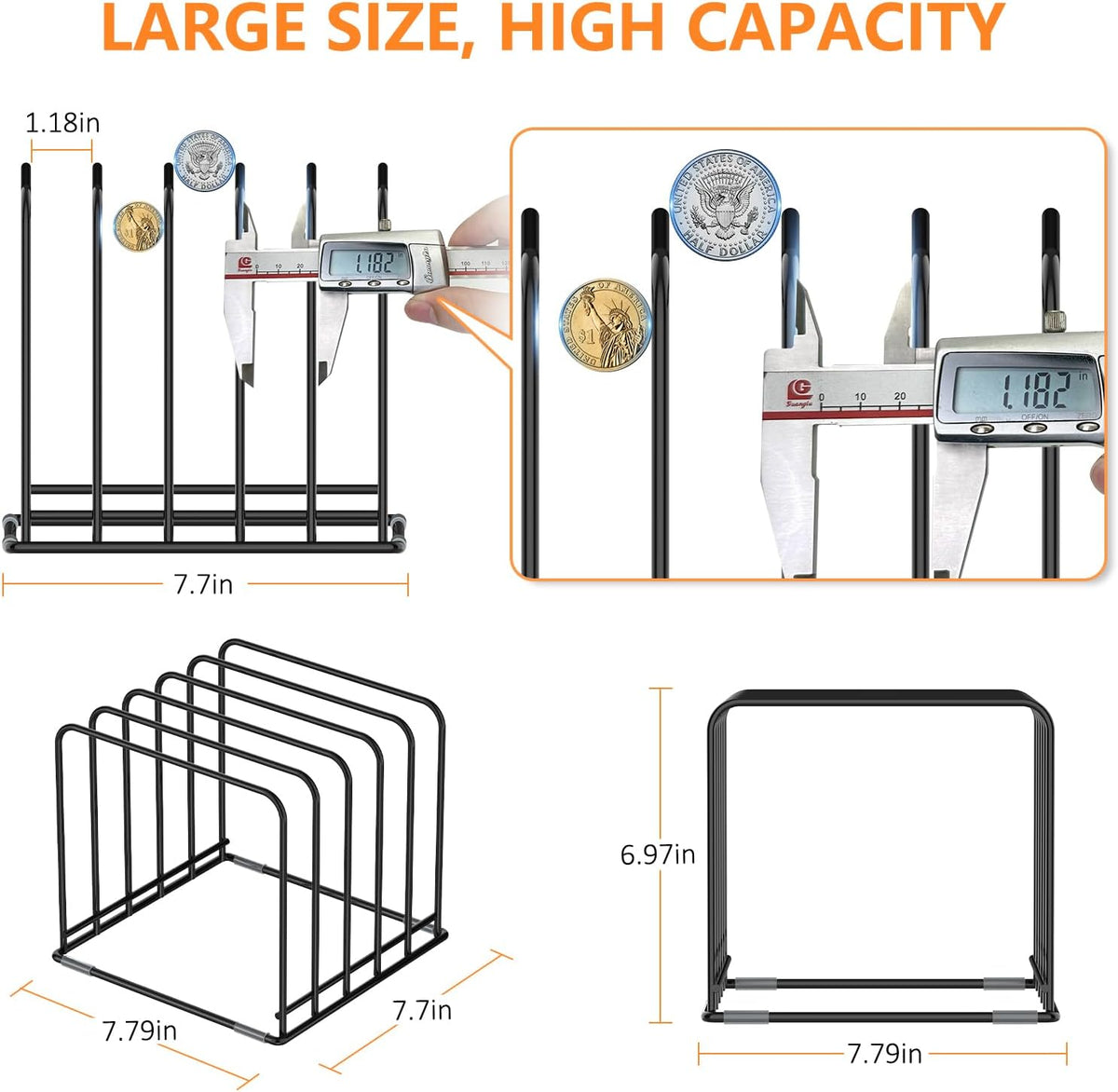 Kitchen Cabinet Organizer, Steel Cookware Holder, Divided Holder with 5 Slots for Skillets Baking Tray and Chopping Board Rack - Baking Pan Holder Storage
