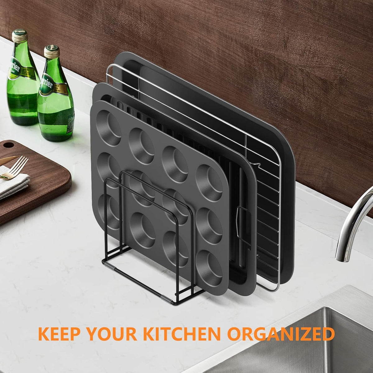 Kitchen Cabinet Organizer, Steel Cookware Holder, Divided Holder with 5 Slots for Skillets Baking Tray and Chopping Board Rack - Baking Pan Holder Storage