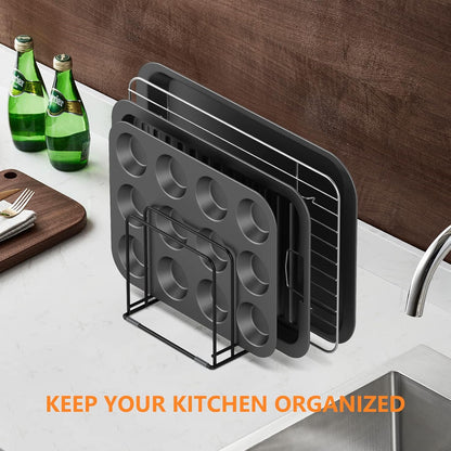 Kitchen Cabinet Organizer, Steel Cookware Holder, Divided Holder with 5 Slots for Skillets Baking Tray and Chopping Board Rack - Baking Pan Holder Storage