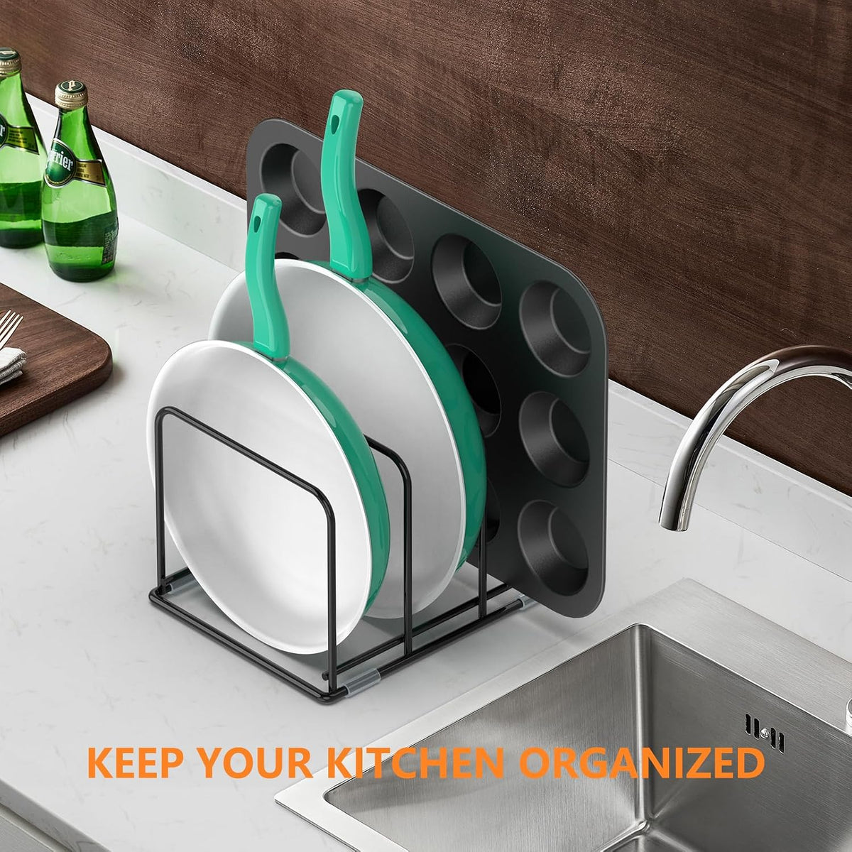 Kitchen Cabinet Organizer, Steel Cookware Holder, Divided Holder with 5 Slots for Skillets Baking Tray and Chopping Board Rack - Baking Pan Holder Storage