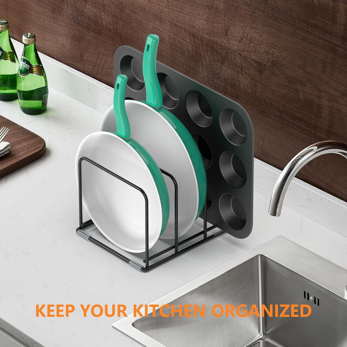 Kitchen Cabinet Organizer, Steel Cookware Holder, Divided Holder with 5 Slots for Skillets Baking Tray and Chopping Board Rack - Baking Pan Holder Storage