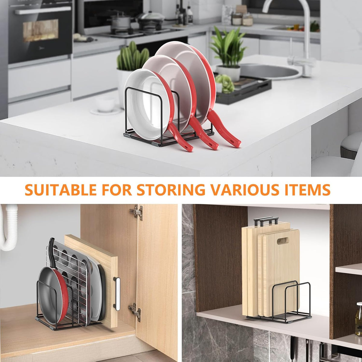 Kitchen Cabinet Organizer, Steel Cookware Holder, Divided Holder with 5 Slots for Skillets Baking Tray and Chopping Board Rack - Baking Pan Holder Storage