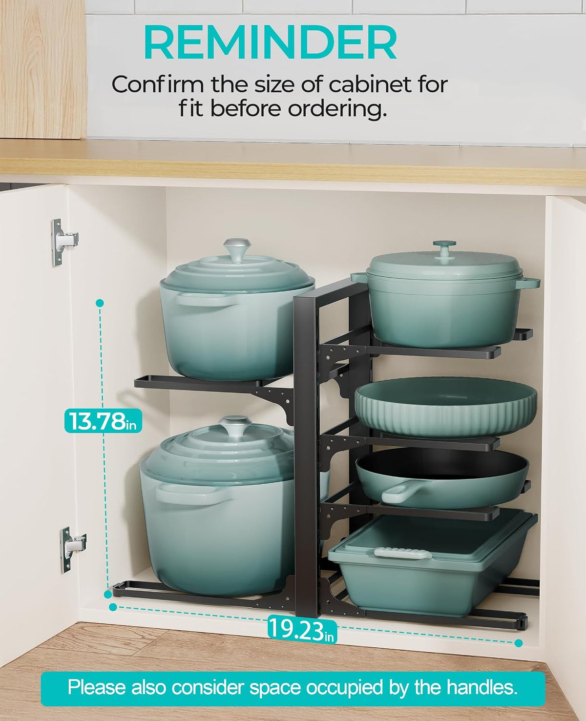 Pots and Pans Organizer Under Cabinet 15.8", 8-Tier Adjustable Black