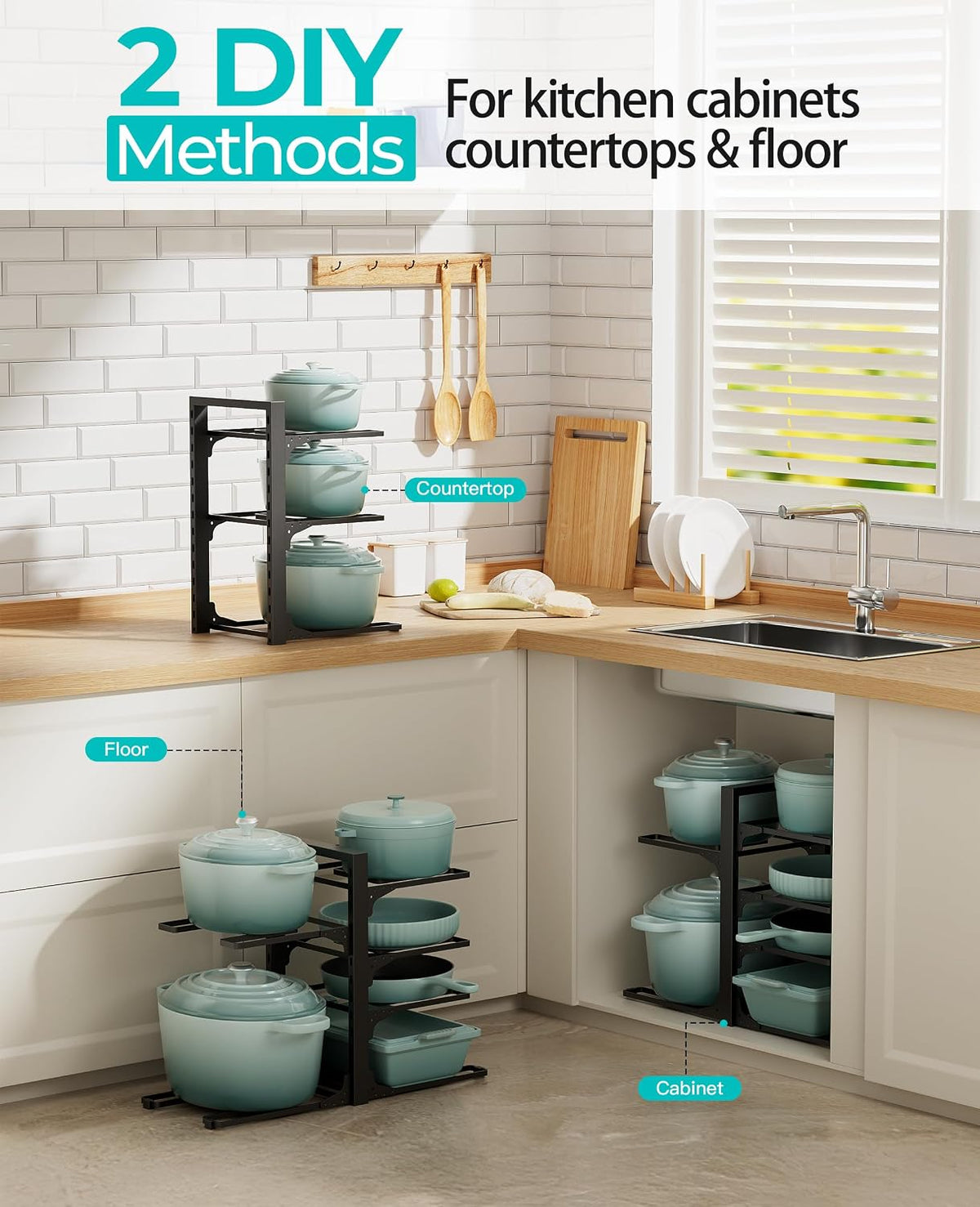 Pots and Pans Organizer Under Cabinet 15.8", 8-Tier Adjustable Black