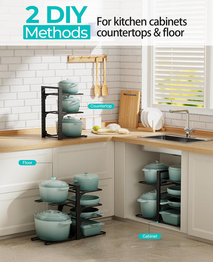 Pots and Pans Organizer Under Cabinet 15.8", 8-Tier Adjustable Black