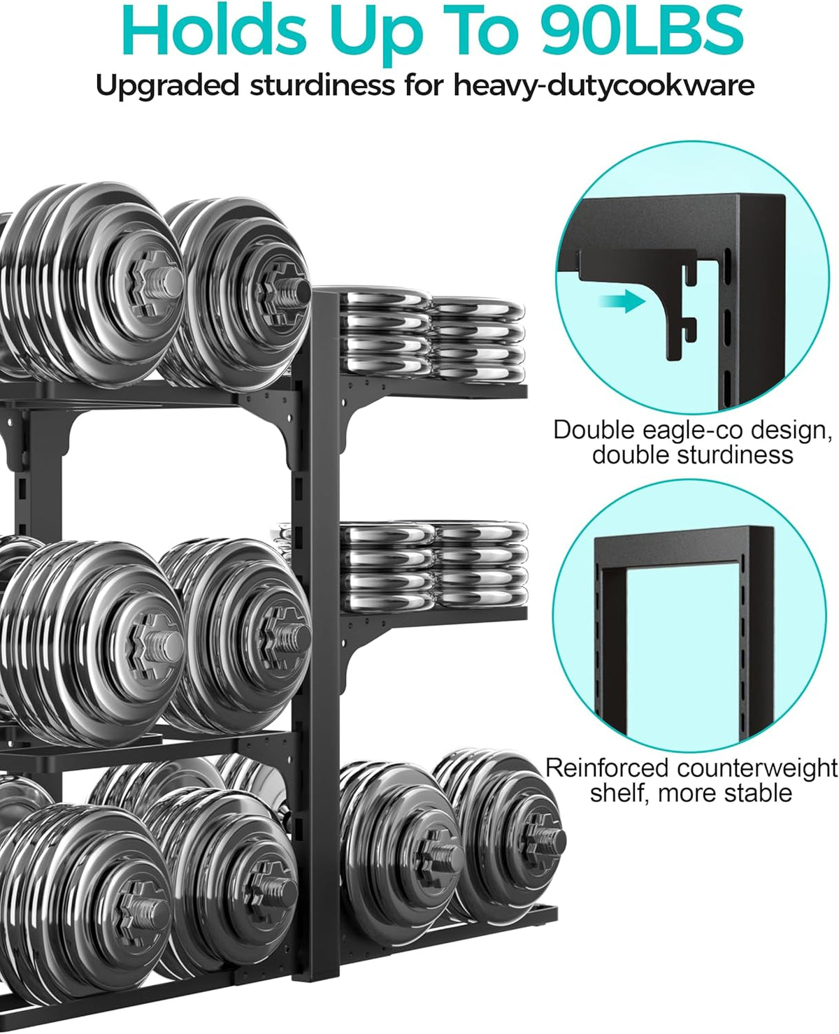 Pots and Pans Organizer Under Cabinet 15.8", 8-Tier Adjustable Black