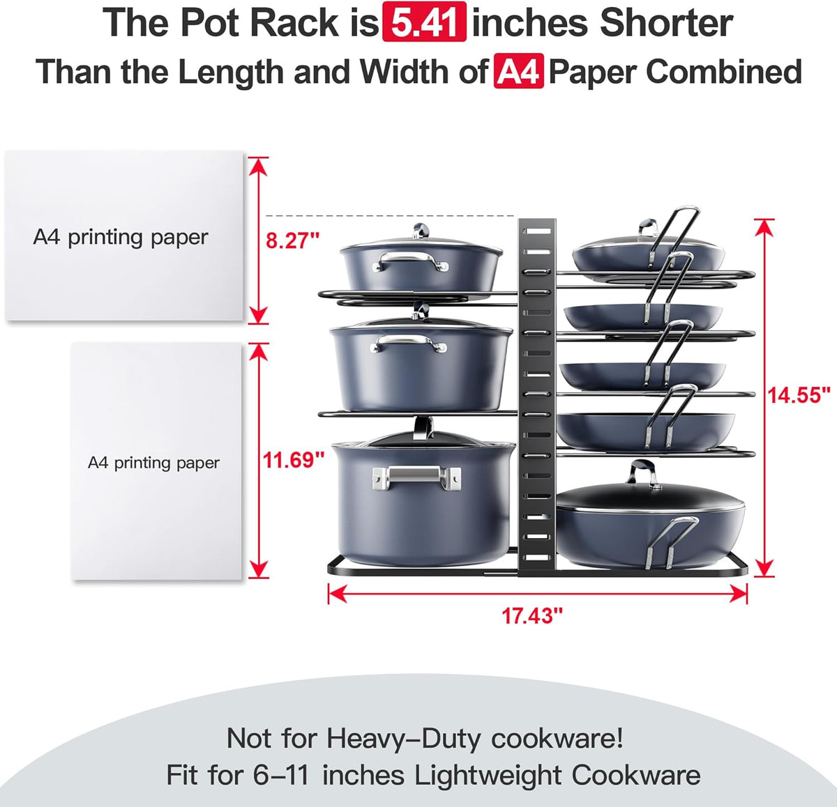 Pots and Pans Organizer Under Cabinet 15.8", 8-Tier Adjustable Black