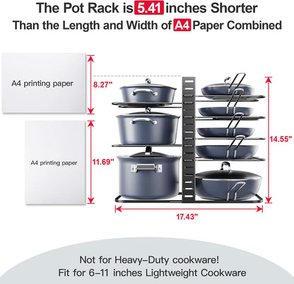 Pots and Pans Organizer Under Cabinet 15.8", 8-Tier Adjustable Black