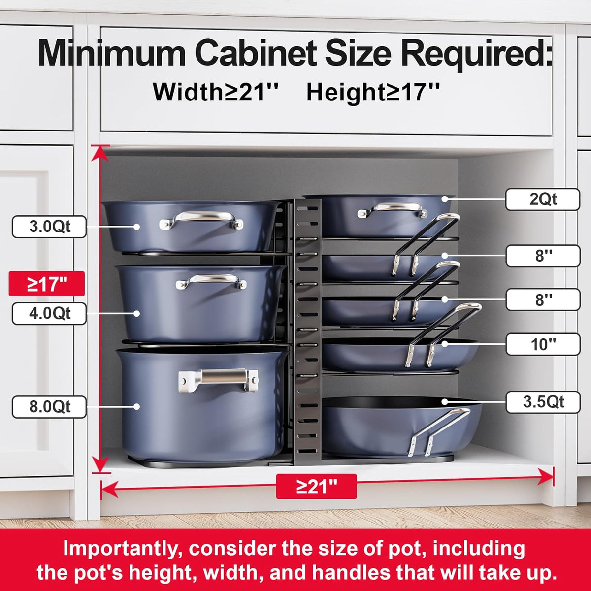 Pots and Pans Organizer Under Cabinet 15.8", 8-Tier Adjustable Black