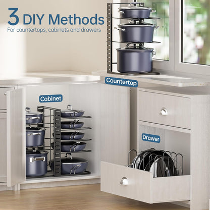 Pots and Pans Organizer Under Cabinet 15.8", 8-Tier Adjustable Black