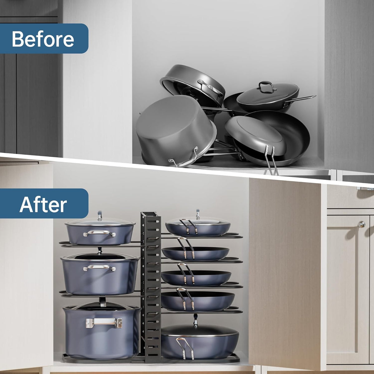Pots and Pans Organizer Under Cabinet 15.8", 8-Tier Adjustable Black