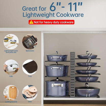 Pots and Pans Organizer Under Cabinet 15.8", 8-Tier Adjustable Black