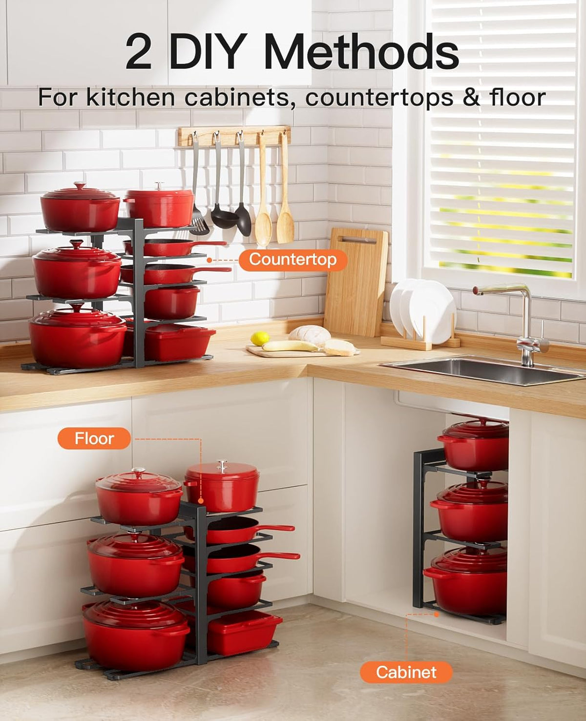 Pots and Pans Organizer Under Cabinet 15.8", 8-Tier Adjustable Black