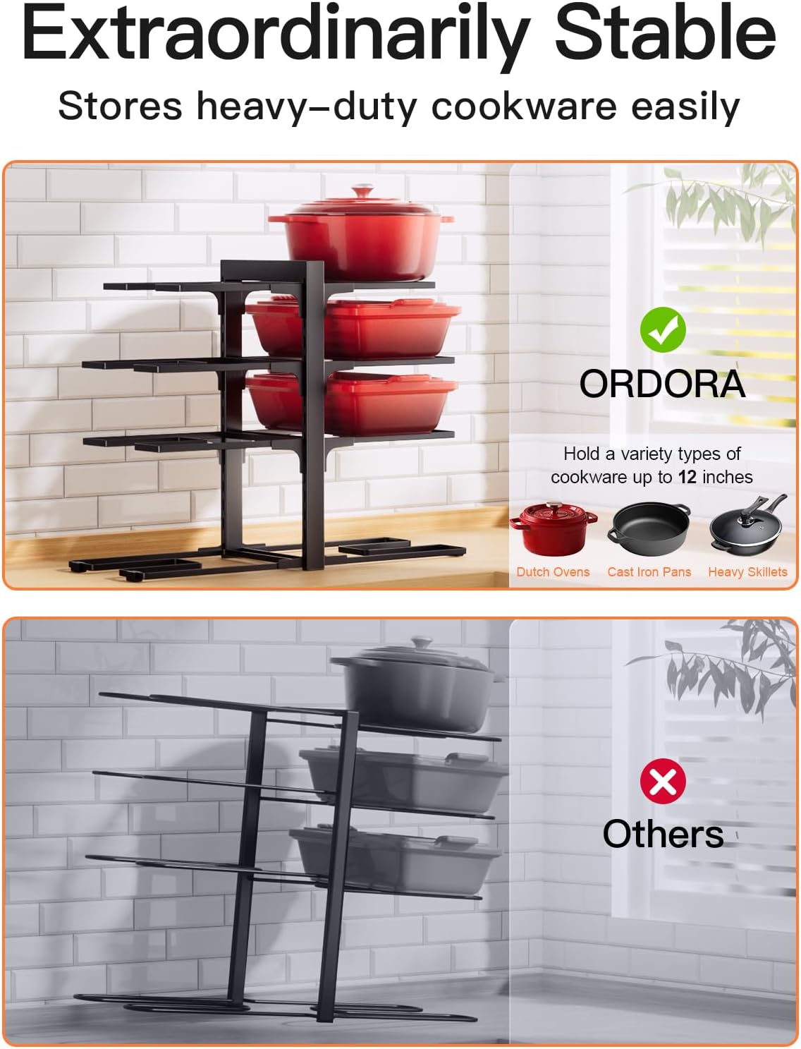 Pots and Pans Organizer Under Cabinet 15.8", 8-Tier Adjustable Black