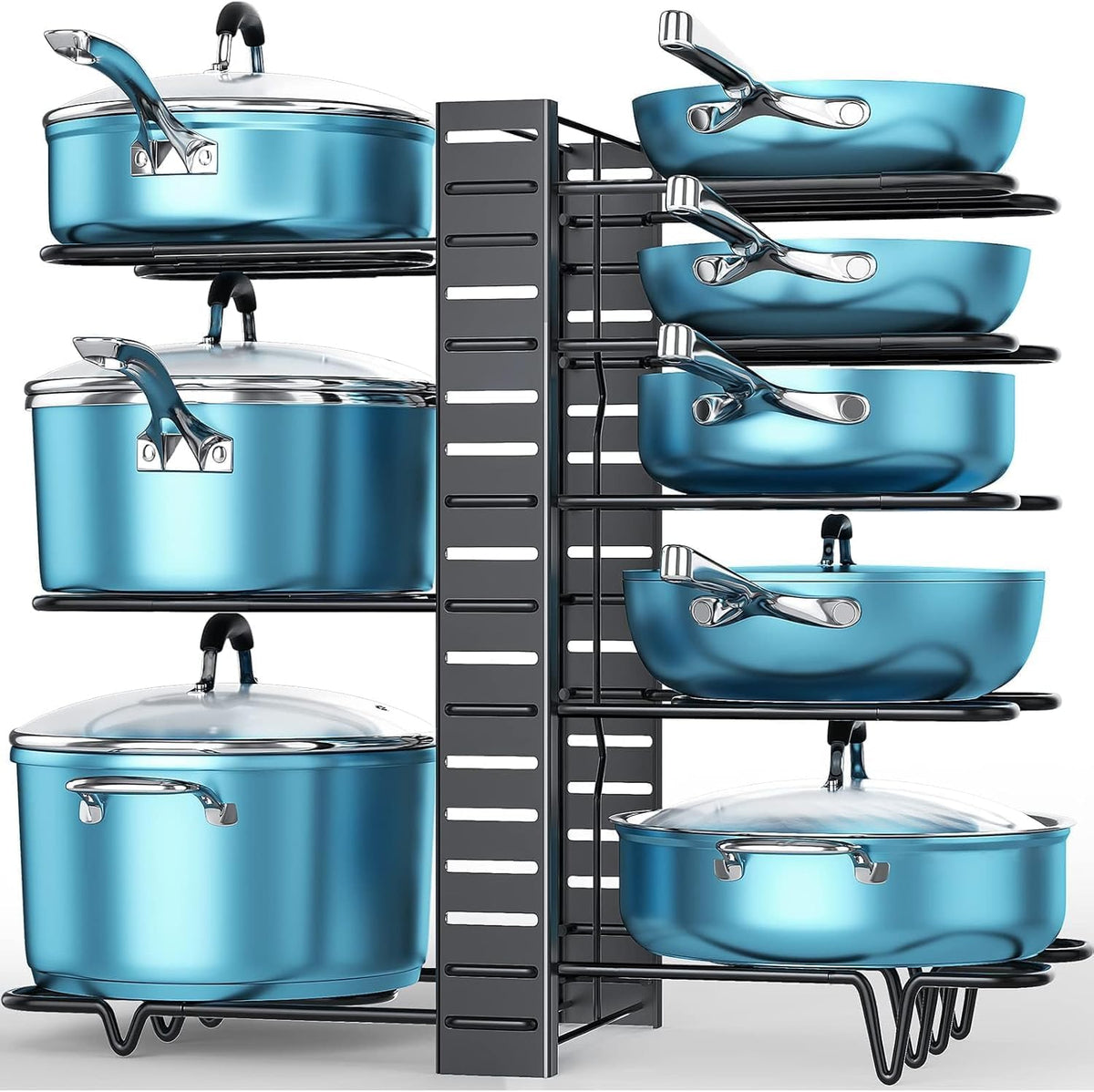 Pots and Pans Organizer Under Cabinet 15.8", 8-Tier Adjustable Black