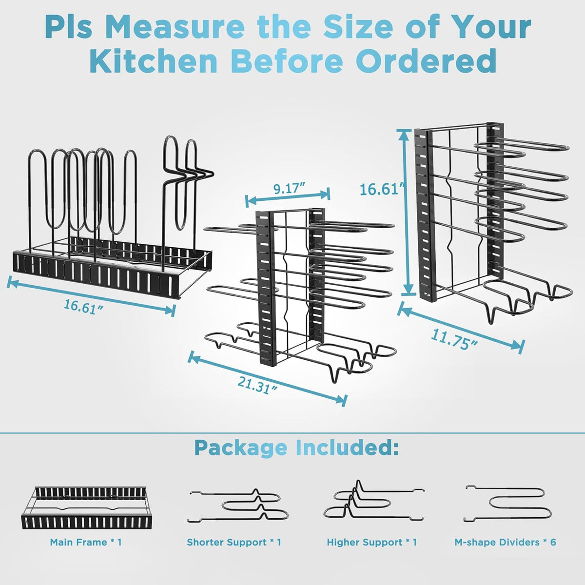 Pots and Pans Organizer Under Cabinet 15.8", 8-Tier Adjustable Black