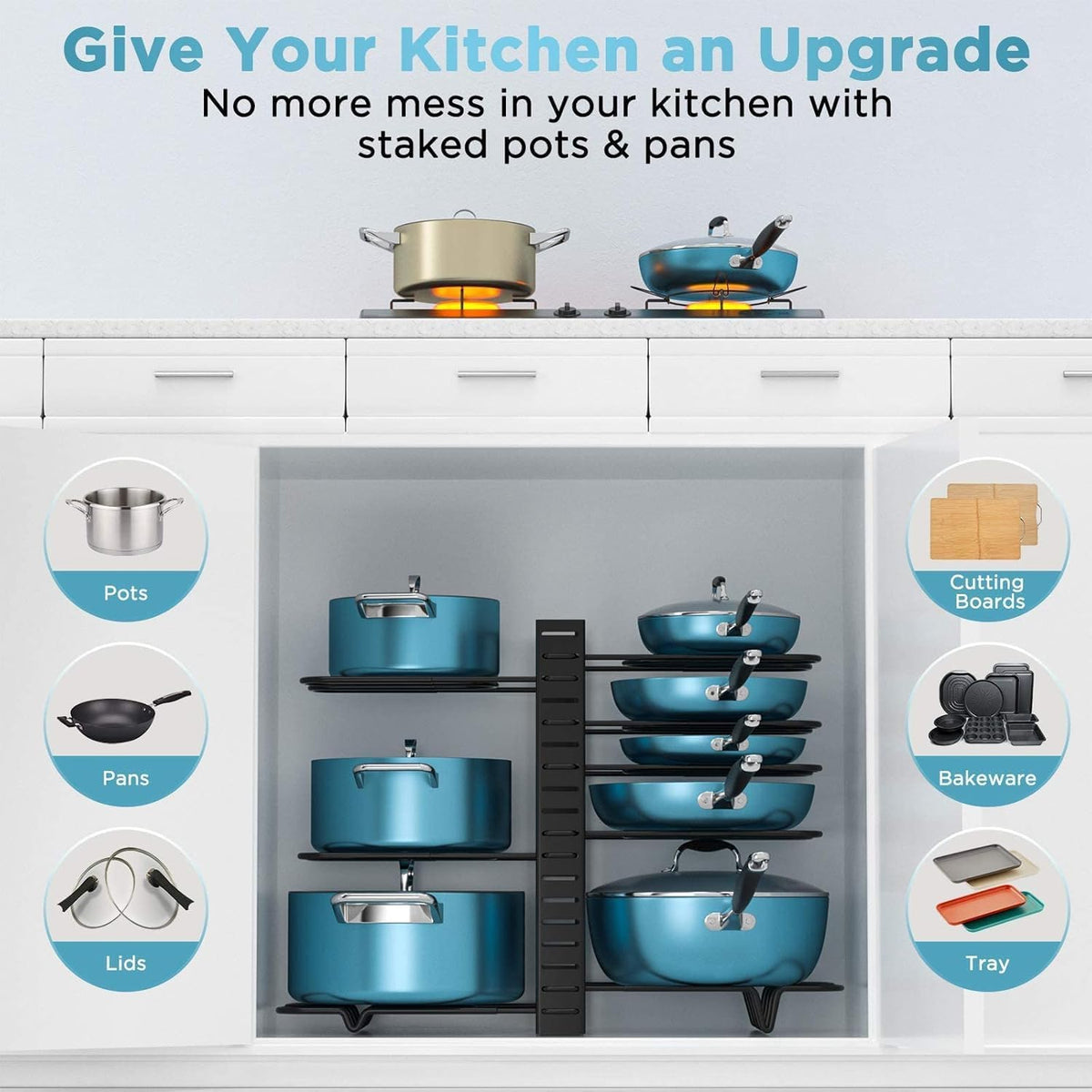 Pots and Pans Organizer Under Cabinet 15.8", 8-Tier Adjustable Black