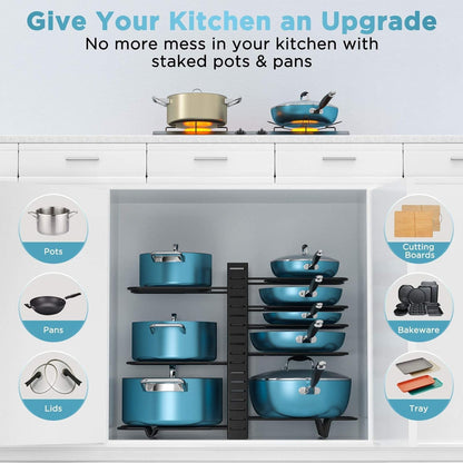 Pots and Pans Organizer Under Cabinet 15.8", 8-Tier Adjustable Black