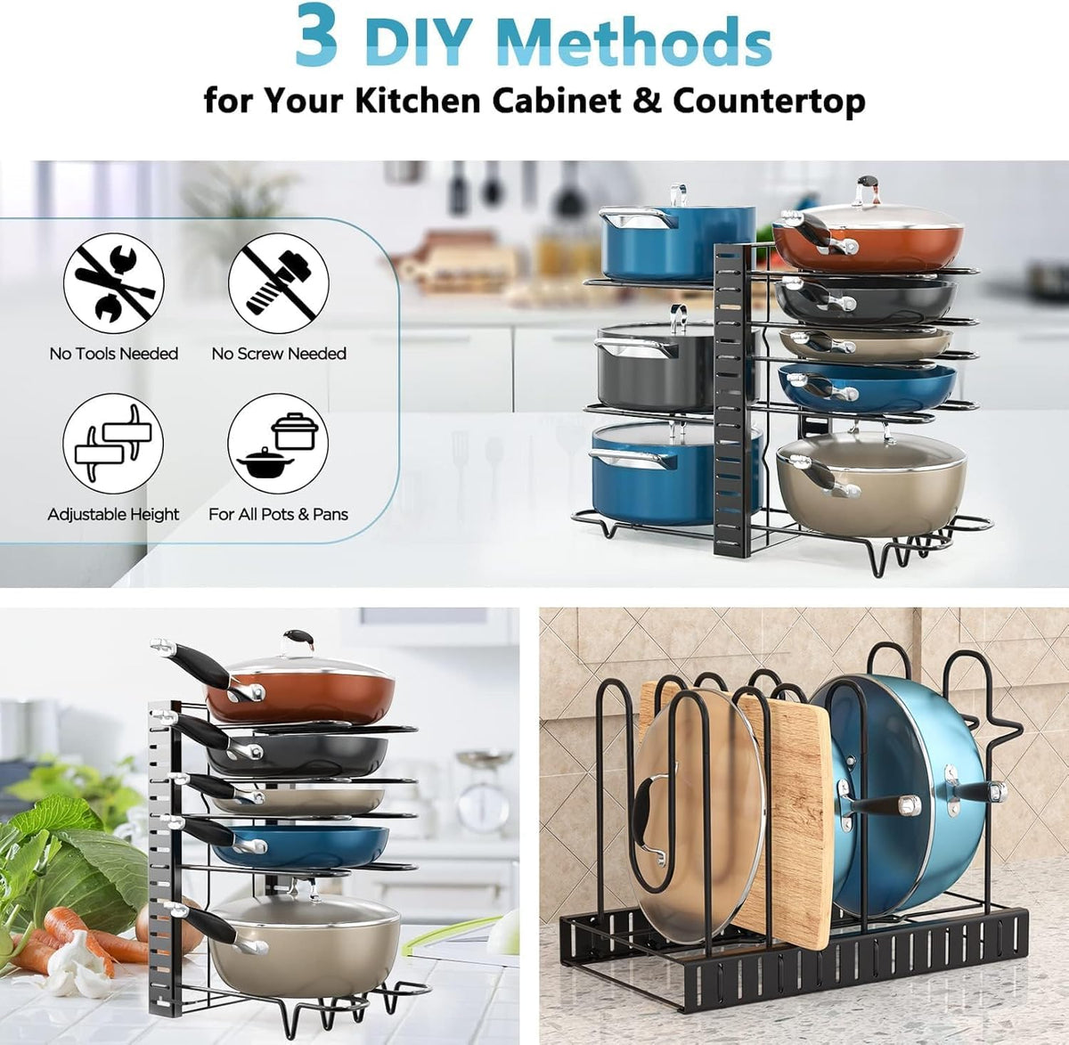Pots and Pans Organizer Under Cabinet 15.8", 8-Tier Adjustable Black