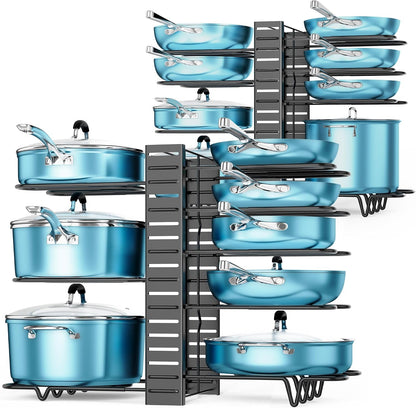 Pots and Pans Organizer Under Cabinet 15.8", 8-Tier Adjustable Black