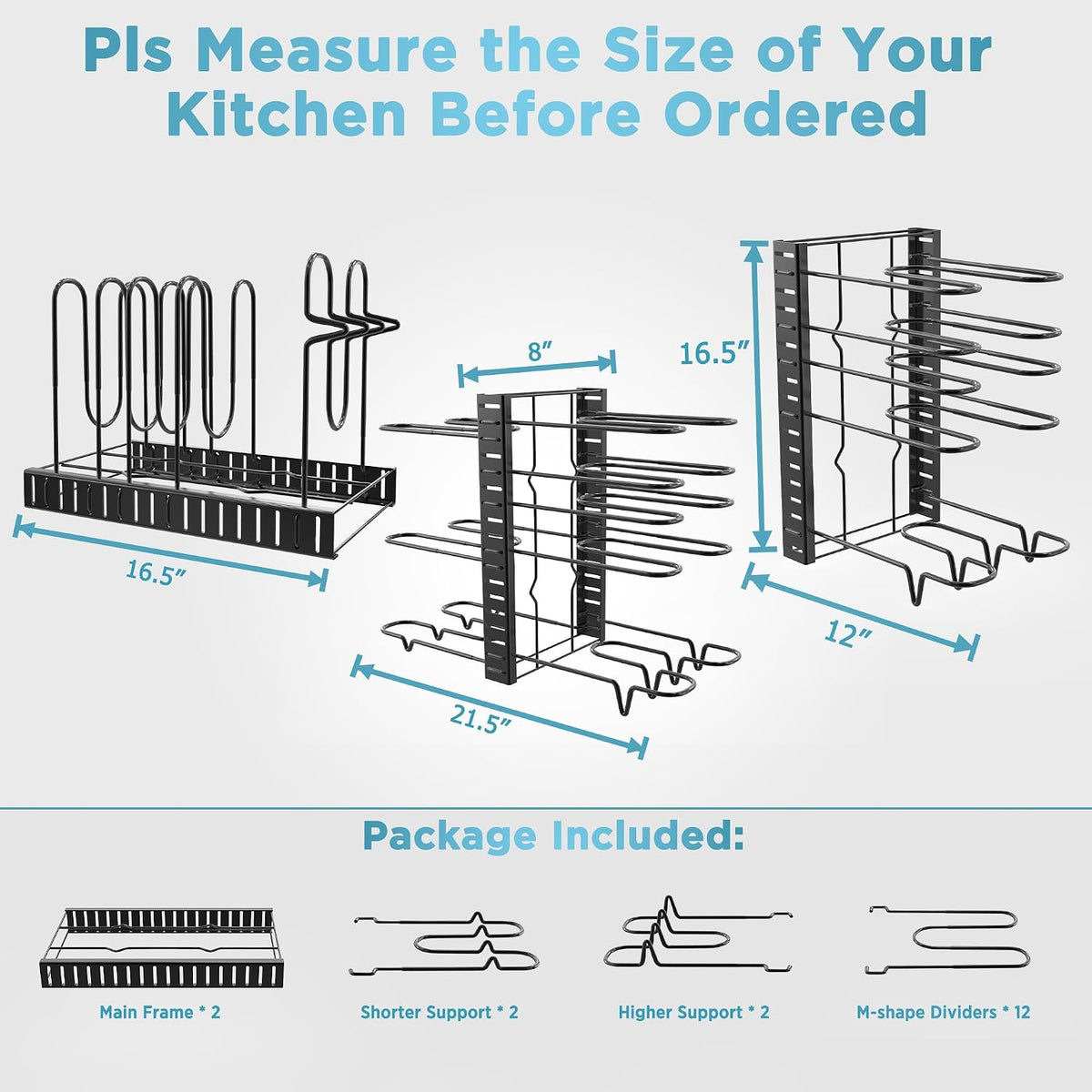 Pots and Pans Organizer Under Cabinet 15.8", 8-Tier Adjustable Black